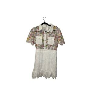 U Peach Floral Lace Mini Dress White Collar Short‎ Sleeve Party Cocktail Medium